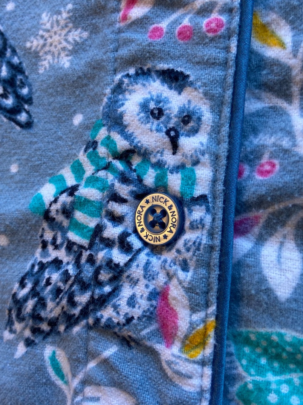 Nick and Nora Pajama Set Owls M Blue Cotton Flannel Pockets Arts & Crafts - Picture 9 of 16